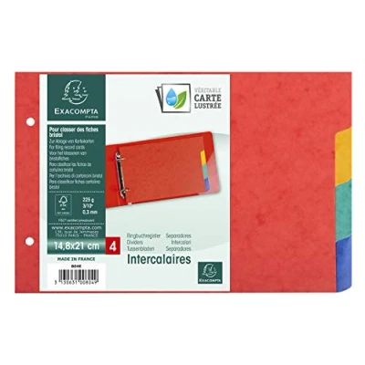 Image of Exacompta Ref 804E Pressboard Dividers 148 x 210mm in Size, 225gsm Premium Pressboard, 4 Parts, Pre Punched, Tabs Can Be Labelled Multicoloured