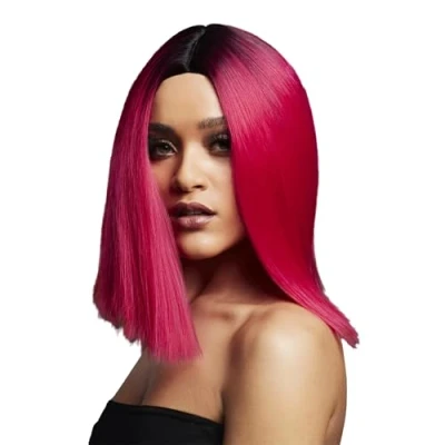 Image of Smiffys Fever Kylie Wig, Two Toned Blend, Magenta Pink Inverted Long Bob, Centre Parting, 37cm/ 15in, Wigs Fancy Dress, Dress Up
