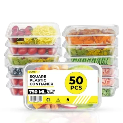 Image of Zuvo 50 X Rectangular Microwave Plastic Food Container, Reusable Container Clear, 750 ml, Set of