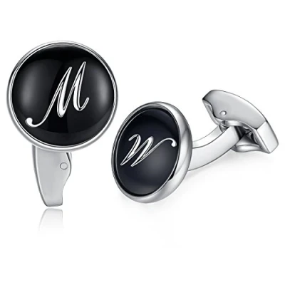 Image of HONEY BEAR Initial Alphabet Letter Cufflinks for Men, Black Round Shape Stainless Steel Wedding Business A Z (M)