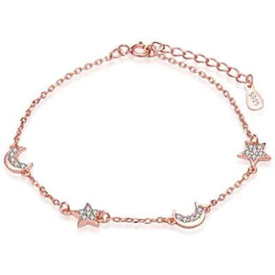 Image of Infinite U Elegant Stars Moons Womens Link Charm Bracelet 925 Sterling Silver Cubic Zirconia Adjustable Hand Chain, Rose Gold