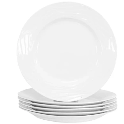 Image of simpa 6PC Porcelain White Wave Dinner Plate Tableware Set. 27cm Diameter Plates. Dishwasher &amp; Microwave Safe.