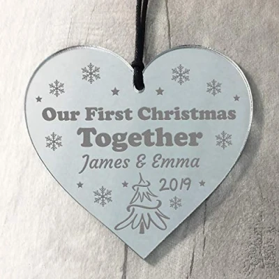 Image of RED OCEAN Personalised First Christmas Together Boyfriend Girlfriend Mirror Acrylic Heart Tree Decoration Bauble