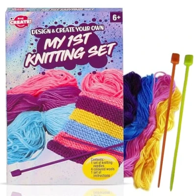 Image of A2Z 4 Kids My 1st Knitting Set Design Create Your Own Ideal Beginners Pieces Kit Includes Instructions for Coloured Wool Needles