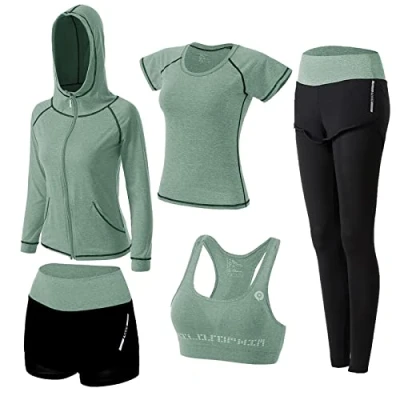 Image of ZETIY Women&#039;s 5pcs Yoga Suit Sweatsuit Activewear Sets Sport Fitness Clothing Ladies Workout Outfit Sportsuits for Running Jogging Gym Green