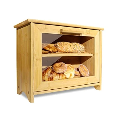 Image of ODEDEN Bamboo Bread Bin, Two Layer Box, Storage for Kitchen Counter, baked goods, Home made bread, rolls, pastries
