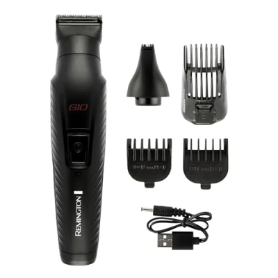 Image of Remington Hair Clipper Men [10 in 1 Kit with 5 attachments, Beard &amp; Trimmer, Nose Ear Eyebrow Trimmer] G10 (Graphite Engineered Coating, Self Sharpening Blades, USB Rechargeable) PG2100