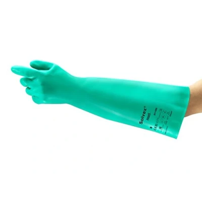 Image of Ansell AlphaTec 37 185 Chemical Resistant Nitrile Gloves, Liquid and Splash Protection, Food Handling, Silicone Latex Free Work Glove, Waterproof, Reusable, Green, Size M (1 Pair)