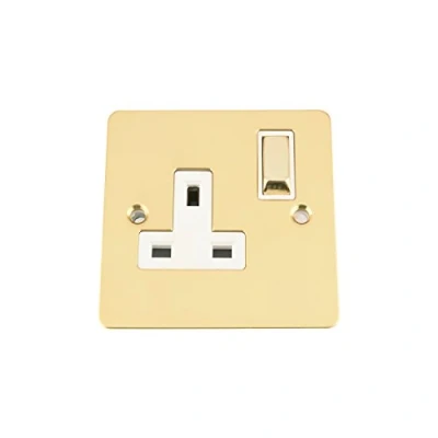 Image of A5 Wall Socket 1 Gang Polished Mirror Brass Flat White Insert Metal Rocker Switch 13A Single Plug