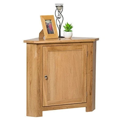 Image of Hallowood Furniture Waverly Oak Small Corner Cabinet, Solid Wooden 1Door Cupboard with Adjustable Shelf, Light Storage Unit for Living Room, Bedroom