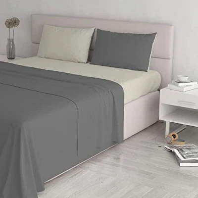Image of Italian Bed Linen Natural Colour Sheet Set, Cotton, Dark Grey/Cream, Double