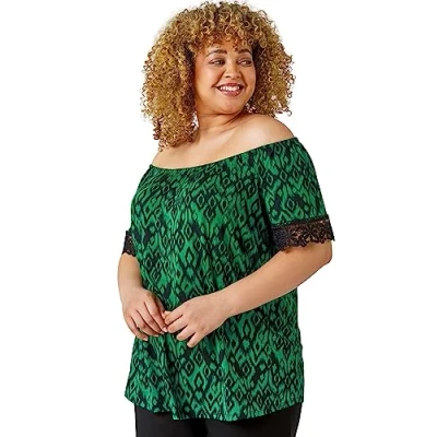 Image of Roman Originals Curve Lace Trim Bardot Stretch Top for Women UK Ladies Everyday Holiday Spring Summer Comfy Soft Evening Vacation Work Party Green Size 18