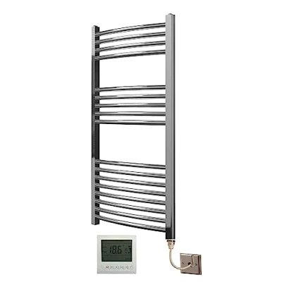 Image of Greened House Extra High Heat Output Chrome Electric Towel Rail 500 x 1000mm Curved Bathroom Radiator Heater Up to 26% More + Timer and Thermostat