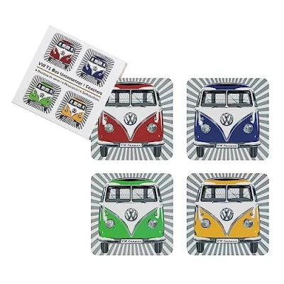 Image of BRISA VW Collection Volkswagen Drink Glass Cork Coasters with MDF Coating and T1 Bus Campervan Design (4 Piece Set/Samba Stripes/Multicolor)