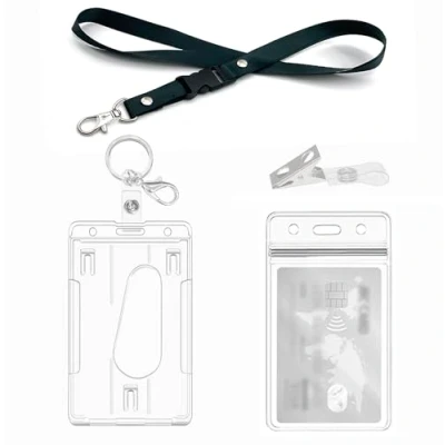 Image of ID Card Holders with Lanyard,Keychains,Clips, Hard Clear Badge Holder, for Holder Office,School, Credit Cards,ID Clip,Pass (1 Set Vertical)