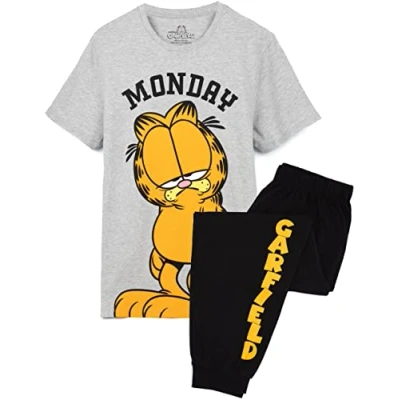 Image of Garfield Mens Pyjamas Adults Lazy Monday Tabby Cat Grey T Shirt With Black Long Bottoms Pjs Movie Merchandise