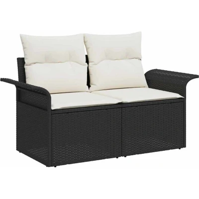 Image of vidaXL 2 Seater Garden Sofa with Storage&amp;Cushions Black Poly Rattan