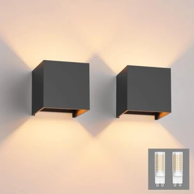 Image of Klighten 2 Packs Modern LED Wall Lights Up and Down Lamp Indoor/Outdoor Sconce for Living Room, Bedroom, Hallway, Warm White 3000K, Dark Grey (G9 Bulb Include)