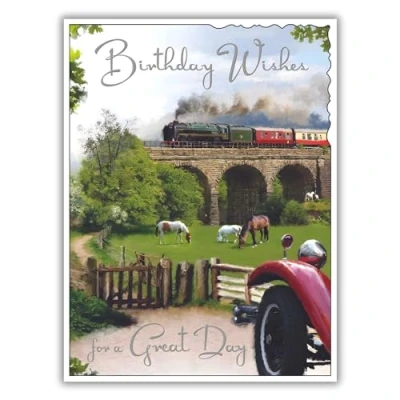 Image of Male Birthday Card for Him General Men Special Finish Steam Train and Horses Design Made in the UK Eco Friendly