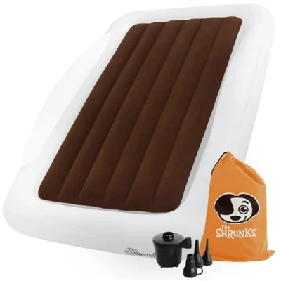 Image of The Shrunks Toddler Travel Bed Portable Inflatable Air Mattress for or Home Use, White, Kids Camping and Sleepover with Security Rails Electric Pump 152 x 94 23cm