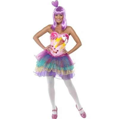 Image of Smiffys Candy Queen Costume, Pink Latex Bodice with Dress, Icons &amp; Idols Fancy Adult Dress Up Costumes