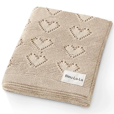 Image of Bleu La 100% Cotton Unisex Knit Swaddle Baby Blanket for Girls and Boys Soft Warm Cozy Swaddler Receiving Cuddle Stroller Crib Heart Newborns, Infants Toddlers (Oatmeal)