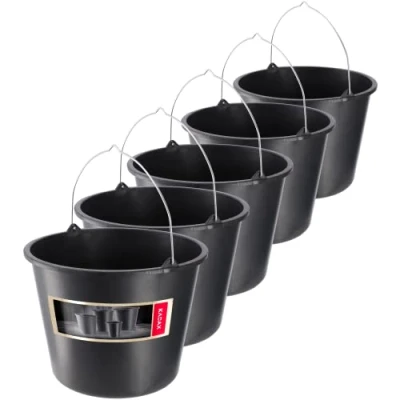 Image of KADAX Plastic Bucket 12L, Large Builders with Metal Handle for Cleaning and Plastering, Black Construction Cement, Paint (Set of 5)