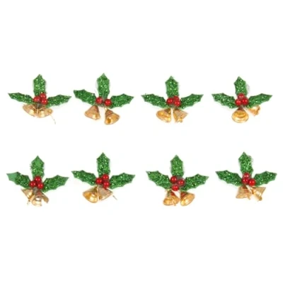 Image of Christmas Embellishments Holly With Bells 8 Pieces