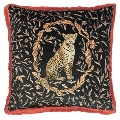 Image of Paoletti Kitraya Fringed Leopard Velvet Feather Filled Cushion Orange One Size