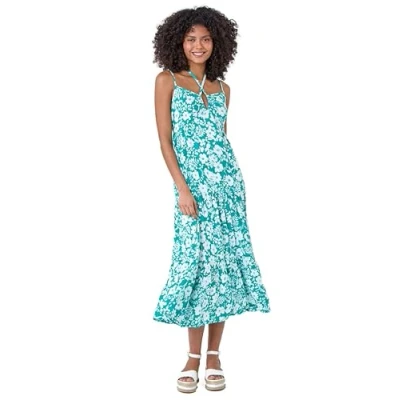 Image of Dusk Womens Floral Strappy Cross Over Midi Dress Blue Size 12 UK