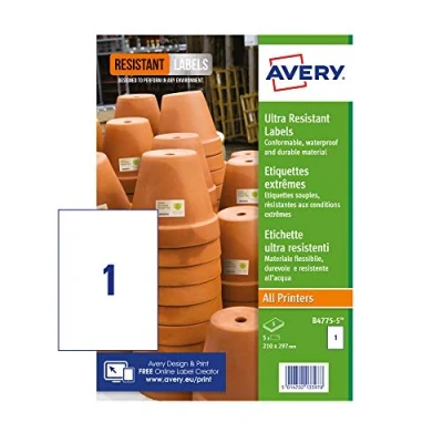 Image of Avery B4775 5 Ultra Resistant Labels, White (A4 Sheet of 210 x 297 mm, Labels)