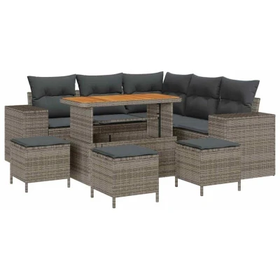 Image of vidaXL 9 Piece Garden Sofa Set with Cushions Grey Poly Rattan Acacia