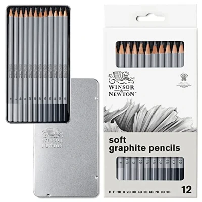 Image of Winsor &amp; Newton 0490007 graphite pencils set in 12 hardnesses H, F, HB, B, 2B, 3B, 4B, 5B, 6B, 7B, 8B and 9B