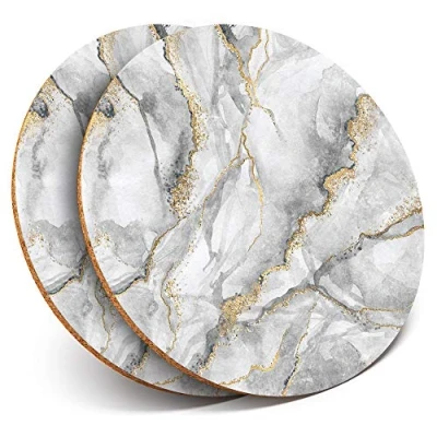 Image of 2 x Round Coasters Grey White Gold Marble Effect Pattern Cork Backed Home Kitchen Accessory Tea Coffee Mug Mat #24432
