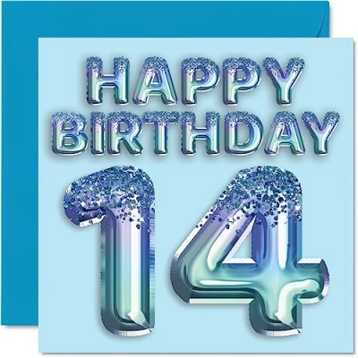 Image of 14th Birthday Card for Boys Blue Glitter Party Balloon Happy Cards 14 Year Old Boy Grandson Son Brother Nephew, 145mm x Fourteen Fourteenth Greeting Gift