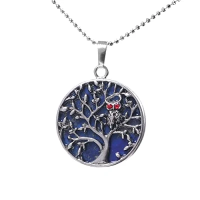 Image of VCPC Natural Gemstone Pendant Necklace,Owl Tree Of Life Lapis Lazuli Necklaces,Healing Reiki Chakra Pendant,Amulet Lucky Charm Necklaces Jewelry For Men Women