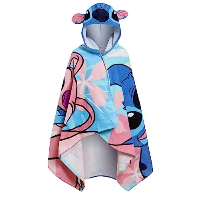 Image of Disney Stitch Hooded Towel Angel Poncho 100% Cotton Kids Beach Bath Swimming Wrap Changing Robe