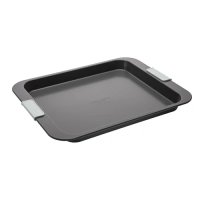 Image of Laura Ashley Non Stick Oven Tray, Extra Large 38 cm, Dishwasher Safe, Safe Freezer Bakeware, Sage Green Silicone Handles, Pale Charcoal Tray for Cooking and Baking (PFAO/PFAS Free)