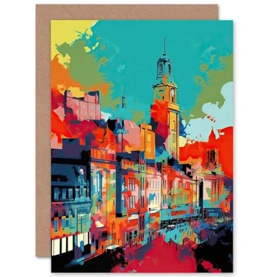 Image of Artery8 Nottingham City Cityscape Vibrant Linocut Print Travel Birthday Sealed Greeting Card Plus Envelope Blank inside