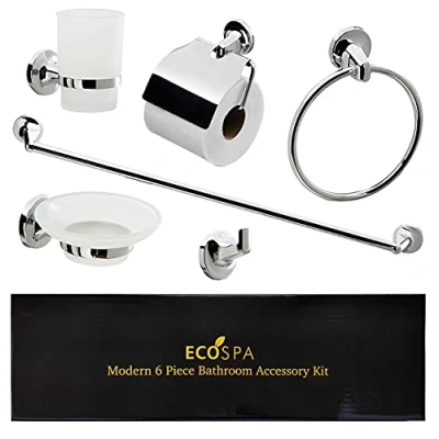 Image of ECOSPA 6 Piece Bathroom Accessory Set Includes Wall Mounted Chrome Towel Ring and Toilet Roll Holder with Cover Plate, Frosted Glass Soap Dish, Toothbrush &amp; Bath Robe Hook in