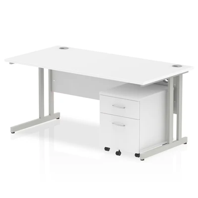 Image of Impulse 1600x800mm Desk White Top Silver Cantilever Leg+ Mobile Ped