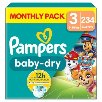 Image of Pampers Baby Dry Paw Patrol Edition Size 3, 234 Nappies, 6kg 10kg, Monthly Pack, with A Stop &amp; Protect Pocket to Help Prevent Leaks at The Back (Package may vary)