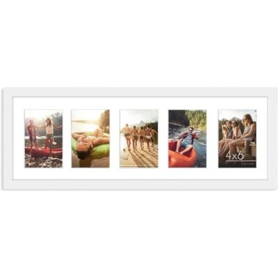 Image of Americanflat 8x24 Panoramic Picture Frame in White Five 6x4 Photo Openings Multi Aperture Collage with Horizontal and Vertical Format for Wall Tabletop
