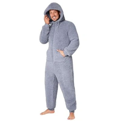 Image of CityComfort Adult Onesie for Men Teenagers Cosy Nightwear Hooded Fluffy Fleece Onesies M 3XL Lounge Wear Gifts Him (Grey, L)