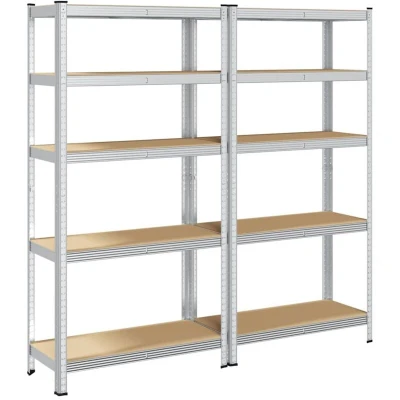 Image of vidaXL 5 layer utility storage racks adjustable silver steel &amp; wood shelving units for home, garage, or office measures 100x50x198cm, 875 kg total capacity, boltless assembly
