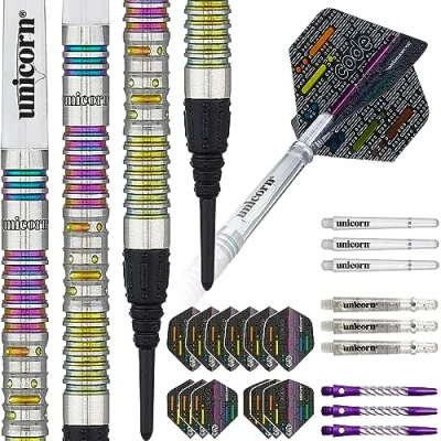 Image of UNICORN Soft Tip Darts Set Chris &#039;Hollywood&#039; Dobey Code Players DNA 90% Natural Tungsten Barrels with Multicolour Titanium Accents Presentation Packaging 20 g