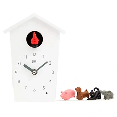 Image of KOOKOO AnimalHouse white, striking small cuckoo clock with 5 farm animals sounds, natural field recordings, modern sleek designed