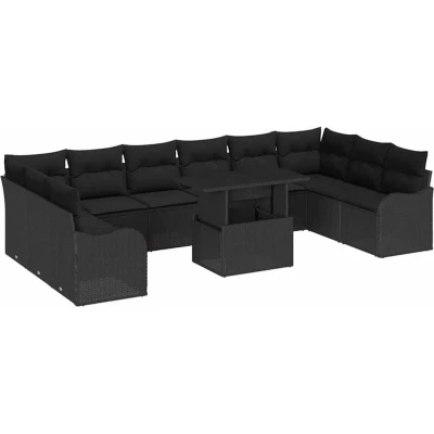 Image of vidaXL 11 Piece Garden Sofa Set with Cushions Black Poly Rattan