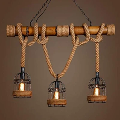 Image of Hemp Rope Pendant Lamp Vintage Bamboo Chandelier 3 Heads Retro Iron Cage Ceiling Light E27 Adjustable Height Fixture for Industrial Loft Kitchen Island Living Room Dining Cafe Bar