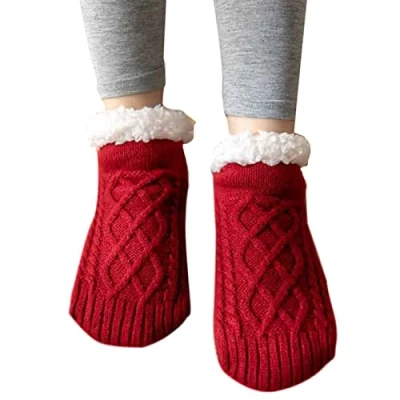 Image of Slipper Socks, Winter Socks Warm Fuzzy Plush Fleece Lined Thick Soft Stockings Home Sleepping Thermal for Women,Wine Red